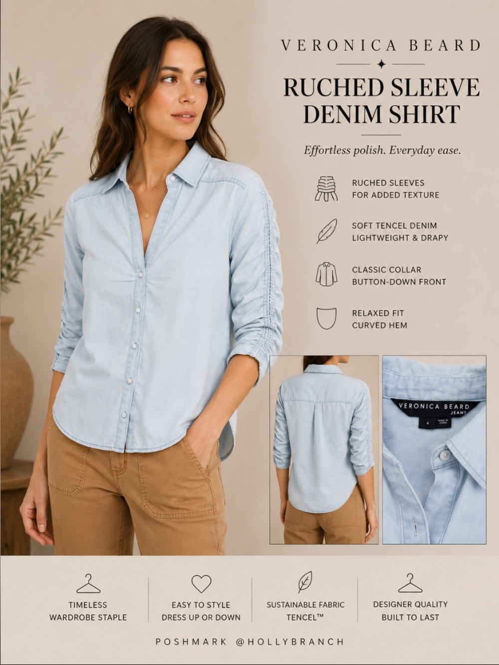 Veronica Beard Chambray Ruched-Sleeve Button-Down Shirt